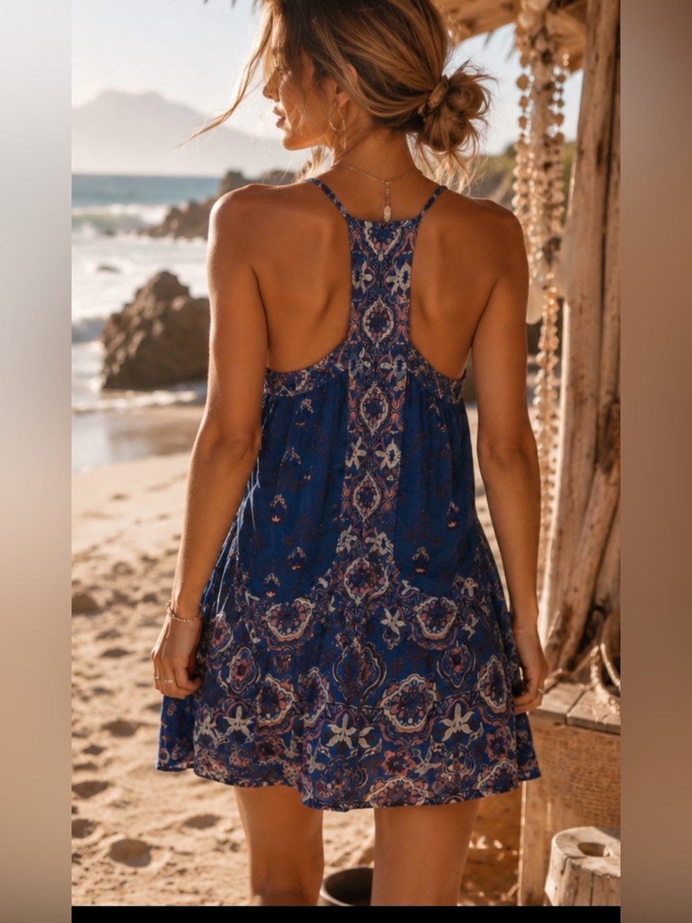 Ecote Blue Boho Floral Border Print Racerback Midi Dress Size Large